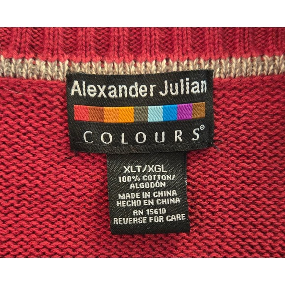 Alexander Julian Colours Mens Red Argyle Sweater XLT 100% Cotton Crew Neck - Picture 2 of 4